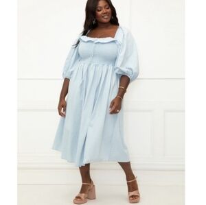 Eloquii Chambray Smocked Midi Dress with Puff Sleeves 22